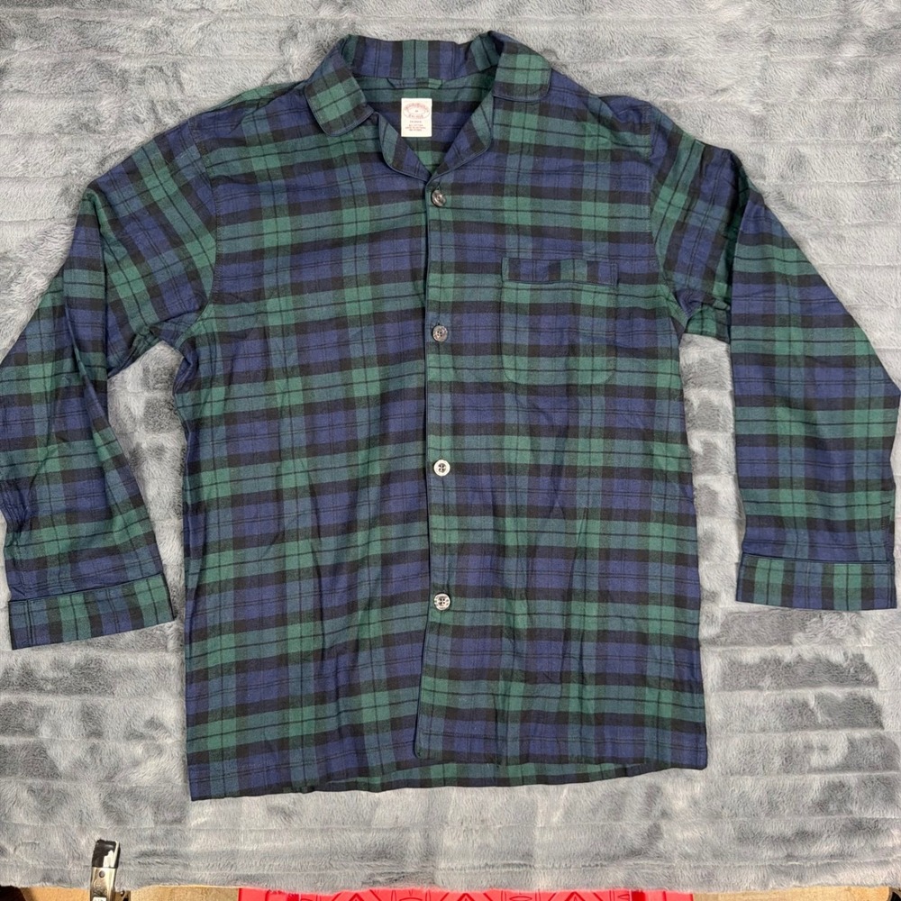 Brooks Brothers Mens Black Watch Plaid Cotton Flannel Pajama Top Green Navy M